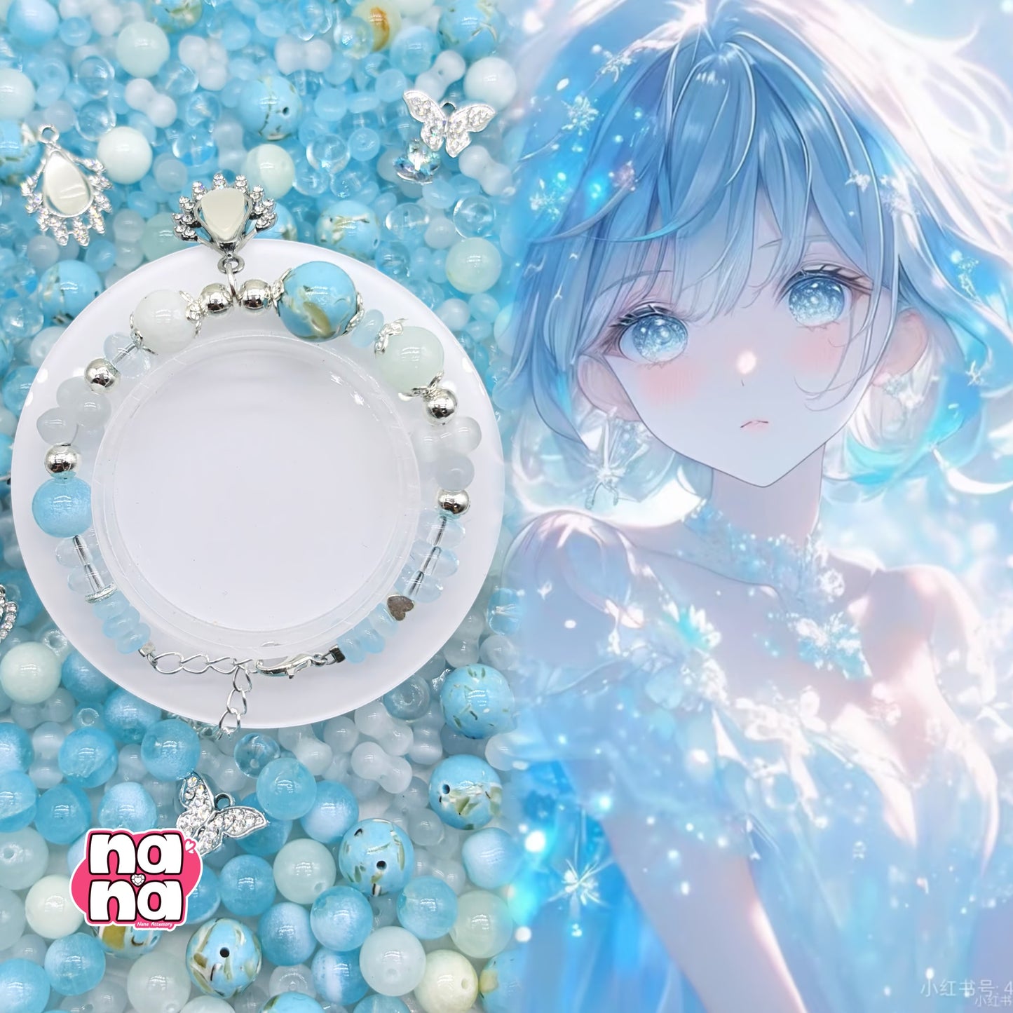 【Y1016】なみだのうみ  高品質クォーツ&ガラス&キャッツアイ（10*10）