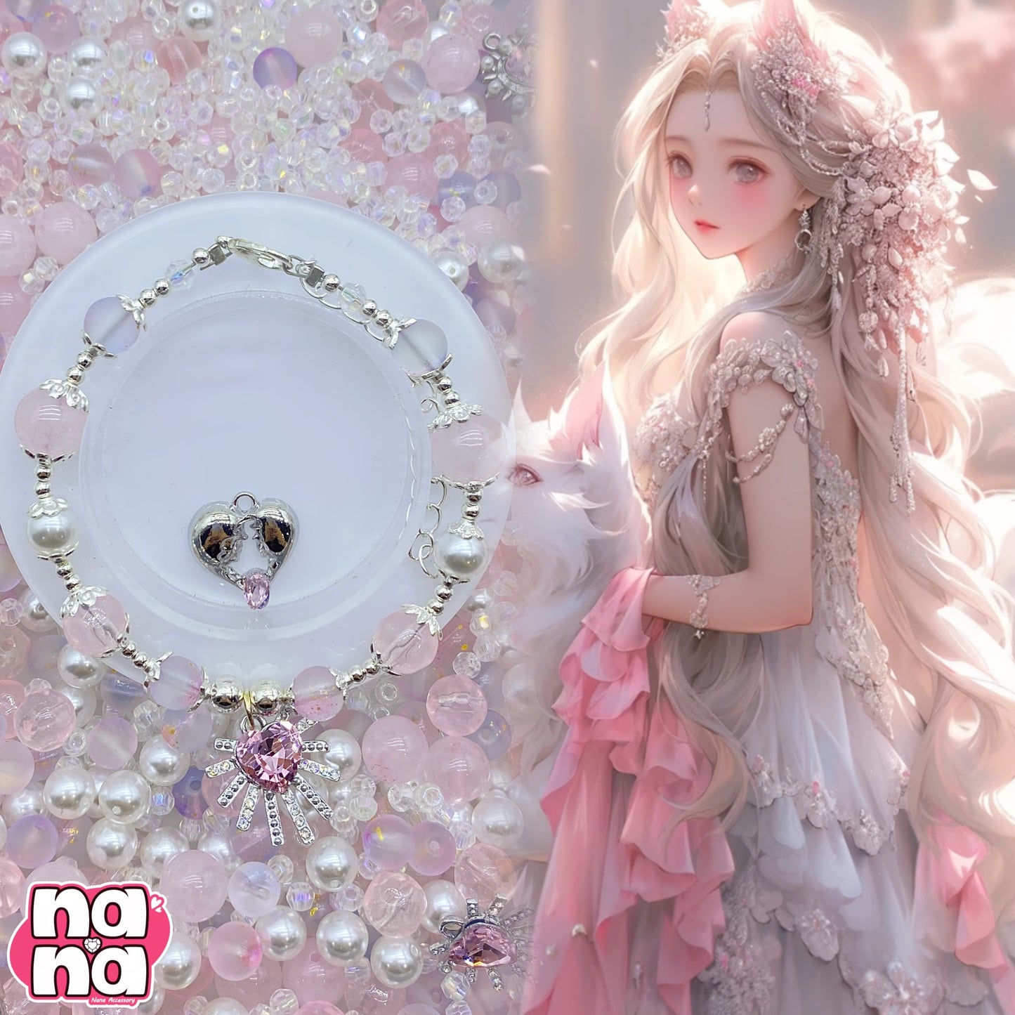 【A1200】重ねた思い出    高品質天然石XガラスXパール（8+10）