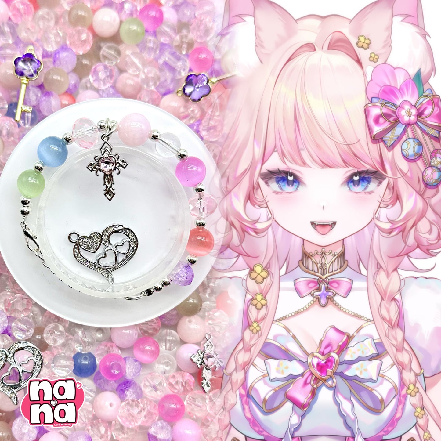 【Y1170】ラブストーリー  高品質キャッツアイ&ガラス（10*10）